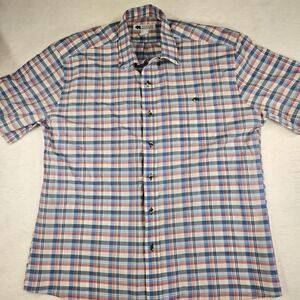 Onward Reserve Mens Medium Short Sleeve Plaid Button Down Shirt Blue Red Cotton
